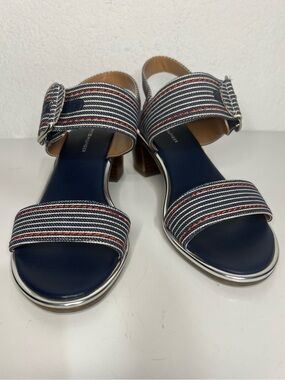 Tommy Hilfiger Women’s Block Heel Sandals  Navy Red Stripe Silver Trim 8